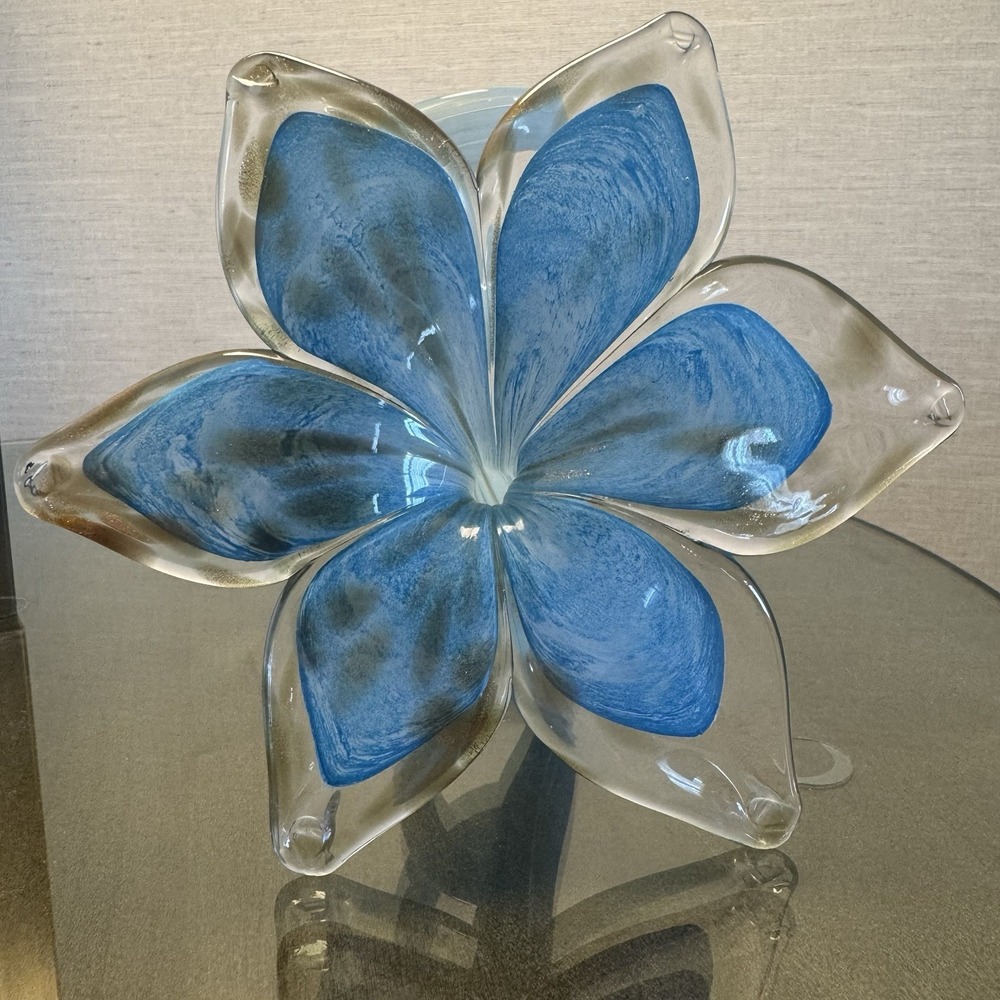 Vintage Hand-blown Murano Art Glass‎ Flower W/Curled Stem Blue Clear Glitter